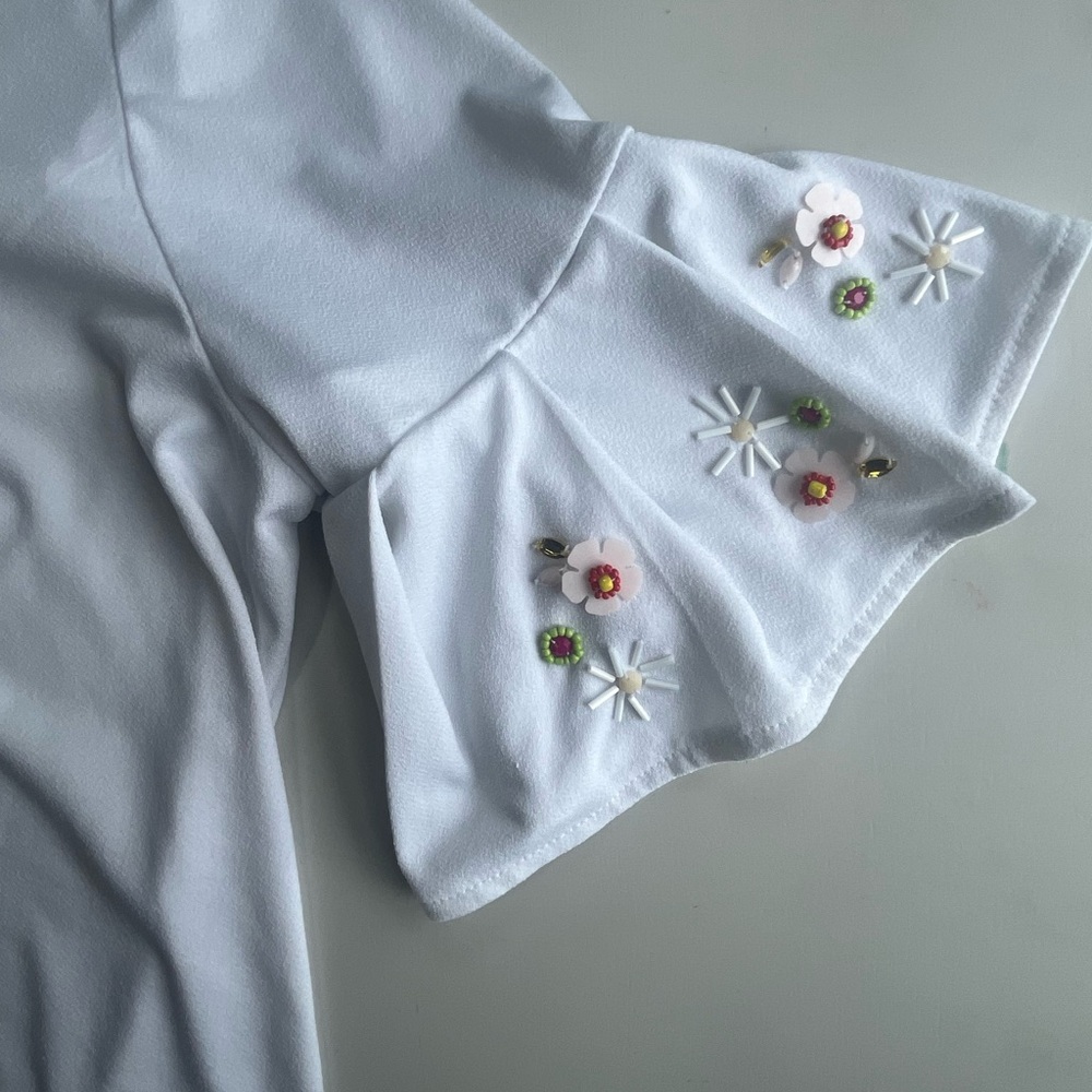 Avenue White Flutter Sleeve Top with Floral Bead Accents